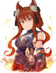 Rule 34 | 1girl, animal ears, anthuria, arm ribbon, bare shoulders, black kimono, bow, braid, breasts, cleavage, closed mouth, commentary request, detached sleeves, empty eyes, erune, fire, flower, granblue fantasy, hair between eyes, hair flower, hair ornament, hinami (hinatamizu), japanese clothes, kimono, lips, long hair, looking at viewer, medium breasts, red bow, red eyes, red hair, red ribbon, ribbon, simple background, solo, standing, twin braids, upper body, white background, white flower, yukata