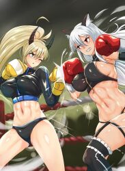 Rule 34 | 2girls, artist name, boxing, boxing gloves, boxing ring, catfight, character request, dungeon and fighter, fighting, highres, horns, midriff, multiple girls, navel, tagme
