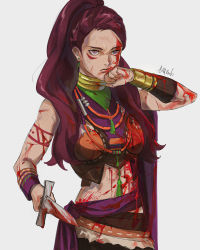 Rule 34 | 1girl, absurdres, blood, blood on arm, blood on clothes, blood on face, blood on hands, earrings, expressionless, facial mark, fire emblem, fire emblem: three houses, grey eyes, highres, jewelry, knife, long hair, midriff, neck ring, nintendo, petra macneary, ponytail, red hair, roru (lol dessin), serious, signature, solo, tattoo, upper body, wrist cuffs