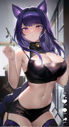 Rule 34 | 1girl, absurdres, animal ear fluff, animal ears, bell, braid, breasts, cleavage, crop top, garter straps, genshin impact, hair ornament, hairband, halterneck, headband, highres, lace-trimmed hairband, lace trim, large breasts, long hair, looking at viewer, low-braided long hair, low-tied long hair, midriff, mmlyno, mole, mole under eye, navel, parted lips, purple eyes, purple hair, raiden shogun, short shorts, shorts, solo, thighhighs