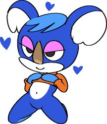 Rule 34 | 1girl, animal crossing, animal nose, black eyes, blue fur, blue hair, body fur, closed mouth, female focus, flat chest, flat color, furry, furry female, half-closed eyes, hands on own chest, hands up, happy, heart, jaggy lines, kneeling, koala ears, koala girl, long sleeves, navel, nintendo, no pussy, orange shirt, shirt, short hair, simple background, smile, solo, spread legs, stomach, swept bangs, two-tone fur, vilepluff, white background, white fur, yuka (animal crossing)