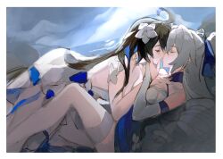 Rule 34 | 2girls, ahoge, black hair, bronya zaychik, bronya zaychik (silverwing: n-ex), closed mouth, colored inner hair, commentary, couple, dress, drill hair, english commentary, flower, grey hair, hair flower, hair ornament, hand on another&#039;s chest, highres, honkai (series), honkai impact 3rd, kiss, long hair, mie xing, multicolored hair, multiple girls, seele vollerei, seele vollerei (herrscher of rebirth), sleeveless, sleeveless dress, unfinished, white dress, yuri
