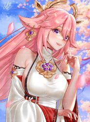 Rule 34 | 1girl, 610 (hndu2588), absurdres, animal ears, bare shoulders, breasts, detached sleeves, fox ears, genshin impact, grin, hair between eyes, hand up, highres, long hair, long sleeves, looking at viewer, nail polish, pink hair, purple eyes, red nails, shirt, sideboob, sidelocks, sleeveless, sleeveless shirt, smile, solo, upper body, very long hair, watermark, white shirt, yae miko