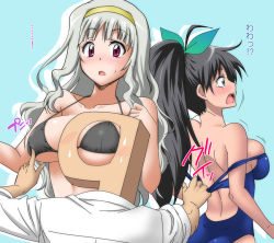 Rule 34 | 1boy, 2girls, :o, bikini, black hair, blush, bow, breast poke, breasts, clothes pull, competition swimsuit, ganaha hibiki, hair bow, hairband, halterneck, idolmaster, idolmaster (classic), long hair, marugoshi teppei, multiple girls, one-piece swimsuit, one-piece swimsuit pull, open mouth, p-head producer, poking, ponytail, producer (idolmaster), purple eyes, shijou takane, silver hair, surprised, sweat, swimsuit, translation request, what