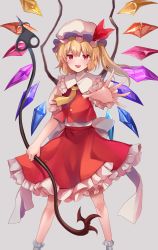 Rule 34 | 1girl, absurdres, arm up, belt, blonde hair, collar, crystal, dress, flandre scarlet, grey background, hair between eyes, hand up, hat, hat ribbon, highres, koizumo, laevatein, looking at viewer, mob cap, multicolored wings, open mouth, ponytail, puffy short sleeves, puffy sleeves, red dress, red eyes, red ribbon, ribbon, short hair, short sleeves, simple background, smile, socks, solo, standing, touhou, white belt, white collar, white hat, white sleeves, white socks, wings, yellow neckwear
