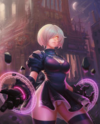 Rule 34 | 1girl, 2017, 2b (nier:automata), alternate eye color, arms at sides, artist name, black dress, black gloves, black hairband, black ribbon, black thighhighs, breasts, building, cleavage, cleavage cutout, closed mouth, clothing cutout, cloud, cowboy shot, dated, dress, full moon, gloves, hair over one eye, hairband, highres, leotard, lips, looking at viewer, magic circle, make days, medium breasts, moon, nier:automata, nier (series), night, night sky, no blindfold, no mole, nose, outdoors, patterned clothing, power gloves, print dress, puffy short sleeves, puffy sleeves, ribbon, rock, ruins, shards, short hair, short sleeves, shoulder pads, silver hair, sky, solo, standing, star (sky), starry sky, stone, thighhighs, thighs, turtleneck, upper body, vambraces, weapon, white leotard, yellow eyes