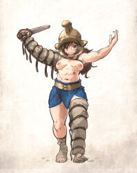 Rule 34 | 1girl, abs, absurdres, arm armor, arms up, belt, brown eyes, brown hair, gladiator, helmet, highres, ironlily, leg wrap, loincloth, long hair, muscular, muscular female, original, roman empire, sacabambaspis, simple background, solo, sword, topless, weapon