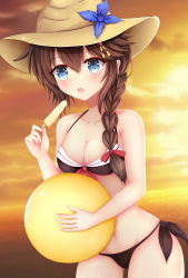 Rule 34 | 1girl, :o, absurdres, adapted costume, ball, bare arms, bare shoulders, beachball, bikini, black bikini, black ribbon, blue eyes, blush, braid, breasts, brown hair, brown hat, cleavage, cloud, collarbone, cowboy shot, endsmall min, evening, food, front-tie bikini top, front-tie top, gluteal fold, hair ornament, hair over shoulder, hairpin, hat, highres, holding, holding ball, holding food, horizon, kantai collection, long hair, medium breasts, open mouth, orange sky, popsicle, red ribbon, ribbon, shigure (kancolle), shigure kai ni (kancolle), side-tie bikini bottom, single braid, sky, solo, standing, sun, sun hat, sunlight, sunset, swimsuit, tareme