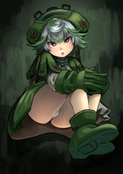 Rule 34 | 1girl, atatatamu, blush, boots, brown eyes, full body, gloves, green footwear, green gloves, green hair, head tilt, looking at viewer, made in abyss, multicolored hair, open mouth, panties, pantyshot, prushka, silver hair, sitting, solo, streaked hair, two-tone hair, underwear, white panties
