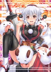 Rule 34 | 1girl, :d, animal ears, black thighhighs, blush, breasts, crossover, geta, hat, heavy breathing, highres, inubashiri momiji, japanese clothes, kantarou (nurumayutei), knee up, kourindou tengu costume, large breasts, league of legends, licking, long sleeves, looking at viewer, nengajou, new year, obi, open mouth, pelvic curtain, pom pom (clothes), poro (league of legends), red eyes, sash, short hair, smile, spread legs, sword, tail, tengu-geta, thighhighs, tokin hat, touhou, turtleneck, weapon, white hair, wide sleeves, wolf ears, wolf tail