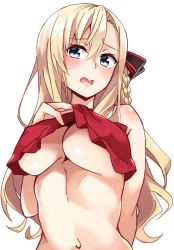 Rule 34 | 1girl, absurdres, bare arms, bare shoulders, black bow, blonde hair, blue eyes, blush, bow, braid, breasts, cleavage, commentary request, hair between eyes, hair bow, head tilt, high school fleet, highres, kapatarou, large breasts, lifting own clothes, long hair, navel, open mouth, side braid, simple background, single braid, solo, underboob, upper body, very long hair, white background, wilhelmina braunschweig ingenohl friedeburg