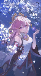 Rule 34 | 1girl, absurdres, animal ears, bare shoulders, blush, cherry blossoms, closed mouth, commentary request, cowboy shot, detached sleeves, fingerless gloves, fox ears, genshin impact, gloves, hair between eyes, hair ornament, hand up, harutatsunoki, highres, lips, long hair, looking at viewer, nail polish, nontraditional miko, pink hair, pink nails, purple eyes, red skirt, shirt, skirt, sleeveless, sleeveless shirt, smile, tassel, white shirt, white sleeves, wide sleeves, yae miko
