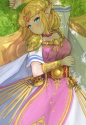 Rule 34 | 1girl, arm across waist, arm up, armor, bead necklace, beads, belt, blonde hair, blue eyes, bracelet, bracer, dress, grass, highres, ippers, jewelry, long hair, looking at viewer, lying, necklace, nintendo, on back, pink dress, pointy ears, princess zelda, shade, shoulder armor, solo, super smash bros., the legend of zelda, the legend of zelda: a link between worlds, tiara, triforce