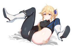 Rule 34 | 1girl, absurdres, ahoge, asymmetrical legwear, blonde hair, blue archive, blue flower, blush, breasts, china dress, chinese clothes, closed mouth, cosplay, covered collarbone, dress, flower, full body, girls&#039; frontline, hair between eyes, hair flower, hair ornament, heart, heart-shaped pupils, highres, kisaki (blue archive), kisaki (blue archive) (cosplay), light leave, looking at viewer, lying, nagant revolver (astral bond) (girls&#039; frontline), nagant revolver (girls&#039; frontline), on back, red eyes, side ponytail, simple background, small breasts, solo, spread legs, striped clothes, striped thighhighs, symbol-shaped pupils, thighhighs, white background, white footwear, wide spread legs
