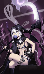 Rule 34 | 1girl, anklet, belt, bikini, bikini top only, black bikini, black footwear, black gloves, black shorts, bone, book, boots, braid, blowing bubbles, cain (grt1125), cape, crescent moon, demon girl, demon horns, demon wings, fingerless gloves, flat chest, ghost, gloves, hair between eyes, highres, holding, holding book, horns, jewelry, knee boots, crossed legs, long hair, looking away, moon, navel, necklace, night, original, outdoors, purple eyes, scythe, short shorts, shorts, sitting, skull, swimsuit, tooth necklace, tsurime, twin braids, white hair, wings