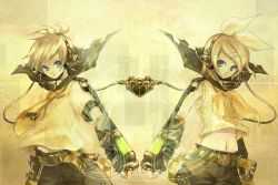 Rule 34 | 1boy, 1girl, belt, blonde hair, blue eyes, brother and sister, detached sleeves, hair ornament, hair ribbon, hairclip, headphones, headset, kagamine len, kagamine rin, microphone, midriff, necktie, ribbon, short hair, shorts, siblings, tom (pixiv17343), tomsan, twins, vocaloid, yellow theme