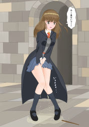 Rule 34 | 1girl, artist request, between legs, black footwear, black socks, blue skirt, blush, breasts, brown eyes, brown hair, cloak, dress, embarrassed, full body, grey jumper, hand between legs, harry potter (series), have to pee, hermione granger, highres, indoors, kneehighs, knees together feet apart, long hair, long sleeves, matching hair/eyes, medium breasts, necktie, open mouth, own hands together, peeing, peeing self, pinafore dress, pleated skirt, puddle, red necktie, shirt, shoes, skirt, sleeveless dress, socks, solo, speech bubble, standing, text focus, translation request, wand, wet, wet clothes, white shirt, wizarding world