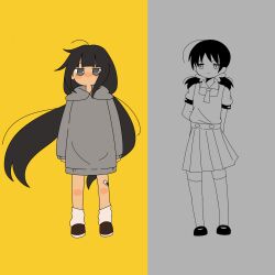 Rule 34 | 2girls, ahoge-tan, arms behind back, bandaid, bandaid on leg, black hair, blunt bangs, closed mouth, collared shirt, commentary, crossover, dress, english commentary, expressionless, floating hair, full body, grey background, grey eyes, grey hoodie, highres, hood, hood down, hoodie, jitome, kaai yuki, kyoufuu all back (vocaloid), long hair, long sleeves, looking at viewer, looking to the side, loose socks, low twintails, medium hair, multiple girls, necktie, no mouth, no pants, osage (nukunuku nigirimeshi), partially colored, pinafore dress, pleated dress, puffy short sleeves, puffy sleeves, shirt, shoes, short necktie, short sleeves, sleeveless, sleeveless dress, socks, standing, symmetry, tearing up, thighhighs, twintails, two-tone background, vocaloid, yellow background