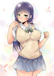 Rule 34 | 10s, 1girl, aqua eyes, blouse, breasts, female focus, floral background, gradient background, highres, impossible clothes, large breasts, long hair, looking at viewer, love live!, love live! school idol project, miniskirt, pleated skirt, purple hair, school uniform, scrunchie, shirt, short sleeves, sinonomescocoa, skirt, solo, sweater vest, tojo nozomi, twintails, very long hair, white shirt