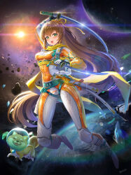 Rule 34 | 1girl, bodysuit, breasts, brown hair, character name, dual wielding, gloves, green eyes, hair ribbon, helmet, highres, holding, long hair, looking at viewer, medium breasts, open mouth, orange bodysuit, original, pafekui, planet, ponytail, ribbon, scarf, science fiction, sheath, shiba inu, solo, space, two-tone bodysuit, very long hair, white bodysuit, white footwear, white gloves, yellow ribbon, yellow scarf