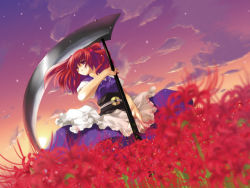 Rule 34 | 1girl, alternate weapon, ayase hazuki, blurry, bow, cloud, depth of field, dutch angle, evening, female focus, field, flower, flower field, hair bobbles, hair bow, hair ornament, japanese clothes, long hair, looking up, onozuka komachi, red eyes, red hair, scythe, short sleeves, sky, solo, spider lily, star (sky), star (symbol), starry sky, touhou, twilight, twintails, two side up, weapon, wind