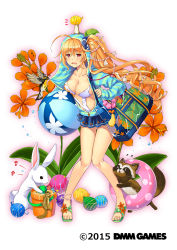 Rule 34 | 1girl, ahoge, animal, animal on head, anklet, bag, ball, bare legs, beachball, beads, beamed eighth notes, bird, blue scrunchie, blue skirt, blush, breasts, bucket, casual one-piece swimsuit, city forest online, cleavage, collarbone, copyright name, eighth note, epidendrum (flower knight girl), flower, flower knight girl, food, full body, grimace, hair beads, hair between eyes, hair ornament, hamster, highres, holding, holding ball, holding beachball, hood, hooded jacket, innertube, jacket, jewelry, knees together feet apart, large breasts, leaning forward, long hair, long sleeves, looking at viewer, miniskirt, musical note, name connection, no socks, object namesake, official art, on head, one-piece swimsuit, open clothes, open jacket, open mouth, orange hair, orchid, plant, pleated skirt, rabbit, raccoon, red eyes, sandals, scrunchie, seashell, shell, shell hair ornament, shoulder bag, shrimp, shrimp tempura, side ponytail, skirt, sleeves past wrists, squirrel, standing, striped clothes, striped jacket, swim ring, swimsuit, swimsuit under clothes, tempura, thigh gap, toes, very long hair, water yoyo, watermark, wavy hair, white background