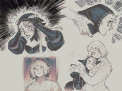 Rule 34 | 2girls, blush, breasts, closed eyes, closed mouth, detached sleeves, dress, dungeon meshi, ear covers, falin touden, falin touden (chimera), feathers, grossuhmer, hands on own head, head scarf, highres, hug, long hair, lower teeth only, marcille donato, marcille donato (lord), medium breasts, multiple girls, open mouth, panicking, pointy ears, short hair, spoilers, teeth, tongue, yuri
