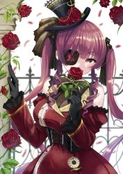 Rule 34 | 1girl, anno masato, bare shoulders, black gloves, black hat, black ribbon, breasts, cleavage, covering own mouth, dress, eyepatch, flower, frilled sleeves, frills, gloves, hair ribbon, hat, hat flower, holding, holding flower, hololive, houshou marine, long hair, long sleeves, looking at viewer, medium breasts, red dress, red eyes, red flower, red hair, red rose, ribbon, rose, see-through, see-through cleavage, solo, top hat, twintails, very long hair, virtual youtuber