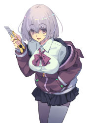 Rule 34 | 1girl, black skirt, boxcutter, breasts, collared shirt, cupe., gridman universe, hand in pocket, highres, hobby knife, holding, holding boxcutter, holding knife, hood, hoodie, knife, large breasts, leaning forward, light blush, looking at viewer, miniskirt, off shoulder, pantyhose, purple eyes, purple hoodie, shinjou akane, shirt, short hair, skirt, solo, ssss.gridman, thighhighs, white background