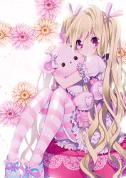 Rule 34 | 1girl, blonde hair, flower, hair ribbon, highres, hugging object, long hair, looking at viewer, original, pantyhose, pink eyes, ribbon, rugo, sitting, solo, striped clothes, striped pantyhose, stuffed animal, stuffed toy, teddy bear, twintails, very long hair, white background