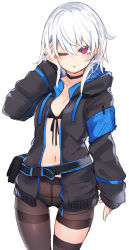 Rule 34 | 1girl, adjusting hair, bag, black bag, black bra, black choker, black panties, black pantyhose, blue jacket, blush, bra, breasts, character request, check character, choker, collarbone, commentary request, cowboy shot, front-tie top, hand up, highres, hood, hooded jacket, jacket, long sleeves, looking at viewer, multicolored clothes, multicolored jacket, navel, one eye closed, open clothes, open jacket, open mouth, original, otokuyou, panties, panties under pantyhose, pantyhose, red eyes, ringo-chan (otokuyou), simple background, single leg pantyhose, sleeves past wrists, small breasts, solo, thigh gap, thighband pantyhose, thighhighs, two-tone jacket, underwear, white background