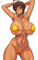 Rule 34 | 1girl, absurdres, amaha masane, armpits, arms behind head, arms up, bikini, blush, breasts, brown eyes, brown hair, cameltoe, cleft of venus, covered erect nipples, curvy, dark skin, game cg, highres, huge breasts, jmg, large areolae, legs apart, looking at viewer, micro bikini, navel, nipples, shiny skin, short hair, signature, smile, solo, standing, sweat, swimsuit, tan, thighs, thong, thong bikini, transparent background, wet, wide hips, witchblade, yellow bikini