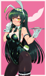 Rule 34 | 1girl, ahoge, animal ears, bare shoulders, black pantyhose, blush, breasts, cleavage, condom, covered navel, detached collar, fake animal ears, food, gloves, green hair, green hairband, hairband, highres, leotard, long hair, looking at viewer, medium breasts, mochi, null (nyanpyoun), open mouth, pantyhose, pea pod, playboy bunny, rabbit ears, rabbit tail, skindentation, solo, strapless, strapless leotard, tail, tan, tanline, thigh strap, touhoku zunko, tray, very long hair, vocaloid, voiceroid, wrist cuffs, yellow eyes