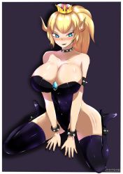 Rule 34 | 1girl, absurdres, amanda peach, armlet, armpits, bare shoulders, black collar, black leotard, black nails, blonde hair, blue eyes, blue gemstone, blue theme, blush, bowsette, bracelet, breasts, cleavage, collar, collarbone, crown, earrings, fang, fang out, fingernails, food, from side, fruit, full body, gem, gradient background, grin, hair between eyes, half-closed eyes, hands on own hips, highleg, highres, hip focus, horns, jewelry, large breasts, leotard, long hair, looking at viewer, mario (series), nail polish, new super mario bros. u deluxe, nintendo, orange (fruit), parted lips, pointy ears, polish text, ponytail, red theme, self-upload, shadow, sideboob, signature, sitting, smile, solo, spiked bracelet, spiked collar, spiked shell, spikes, spread legs, strapless, super crown, teeth, thighhighs, turtle shell