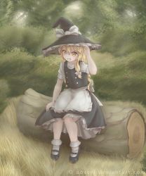 Rule 34 | 1girl, apron, blonde hair, bow, full body, grin, hair bow, hair ornament, hat, hat ribbon, highres, kirisame marisa, looking at viewer, mary janes, nature, novcel, puffy sleeves, ribbon, shirt, shoes, short sleeves, sitting, skirt, skirt set, smile, socks, solo, touhou, vest, waist apron, watermark, web address, white socks, witch hat, yellow eyes