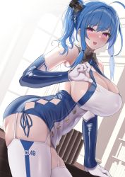 Rule 34 | 1girl, ahoge, argyle, argyle clothes, argyle cutout, ass, azur lane, backlighting, bare shoulders, blue dress, blue gloves, blue hair, blush, breasts, buttons, cleavage, clothing cutout, covered navel, dress, elbow gloves, gloves, hair ornament, highres, large breasts, long hair, looking at viewer, nanae, open mouth, side ponytail, sideboob, sidelocks, smile, solo, st. louis (azur lane), taut clothes, taut dress, thighhighs, thighs, two-tone dress, two-tone gloves, white dress, white gloves, white thighhighs