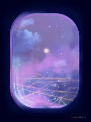 Rule 34 | absurdres, airplane interior, artist name, city, cityscape, cloud, cloudy sky, commentary, english commentary, full moon, highres, moon, night, night sky, no humans, original, pink clouds, scenery, sky, skyline, star (sky), starry sky, sugarmintdreams, twitter username, window