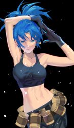 Rule 34 | 1girl, ammunition belt, armpits, arms behind head, bare shoulders, belt, black background, black gloves, black tank top, blue eyes, blue hair, cofffee, earrings, gloves, jewelry, leona heidern, looking at viewer, midriff, military, navel, pants, ponytail, simple background, solo, tank top, the king of fighters, the king of fighters xiii, triangle earrings