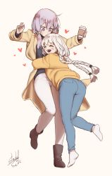 Rule 34 | 2girls, absurdres, beige background, black shirt, blush, boots, braid, brown coat, coat, coffee cup, commentary, cup, denim, disposable cup, closed eyes, full body, heart, highres, holding, holding cup, hug, jeans, kizuna akari, long hair, looking at another, multiple girls, open mouth, orange sweater, pants, purple eyes, purple hair, shade of trees, shirt, sidelocks, signature, silver hair, smile, socks, standing, sweat, sweater, twin braids, voiceroid, white pants, yuzuki yukari
