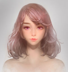 Rule 34 | 1girl, bare shoulders, brown hair, eyelashes, grey background, highres, lipgloss, lips, looking at viewer, original, orry, portrait, purple eyes, solo, swept bangs, upper body