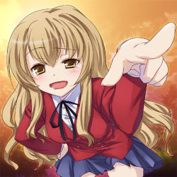 Rule 34 | 00s, 1girl, 47agdragon, aisaka taiga, blush, brown eyes, brown hair, foreshortening, hand on own hip, jpeg artifacts, laughing, leaning forward, long hair, open mouth, pointing, pointing at viewer, raised eyebrow, school uniform, skirt, smile, solo, sunset, tears, toradora!, uneven eyes