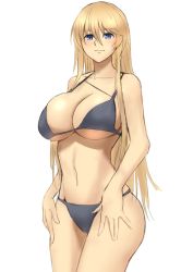 Rule 34 | 1girl, azur lane, bikini, bismarck (azur lane), black bikini, blonde hair, blue eyes, blush, breasts, cleavage, closed mouth, collarbone, feet out of frame, highres, large breasts, lom (lom lom 8), long hair, looking at viewer, navel, smile, solo, standing, swimsuit, white background