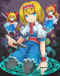 Rule 34 | 1girl, alice margatroid, black pantyhose, blonde hair, blue dress, blue eyes, bow, capelet, crossed arms, dress, grimoire of alice, hair bow, hairband, highres, jewelry, lolita hairband, long hair, looking at viewer, magic circle, open mouth, pantyhose, ponytail, puffy short sleeves, puffy sleeves, puppet rings, ring, sash, shanghai doll, short hair, short sleeves, sitting, sword, touhou, uumaru1869, wariza, weapon, wrist cuffs