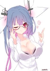 Rule 34 | 1girl, absurdres, alternate costume, bespectacled, black-framed eyewear, black bra, blue hair, bra, breasts, cleavage, commentary request, dress shirt, frilled bra, frills, glasses, hair ribbon, highres, i-19 (kancolle), index finger raised, kantai collection, long hair, looking at viewer, momimaki, one-hour drawing challenge, one eye closed, open clothes, red eyes, ribbon, semi-rimless eyewear, shirt, simple background, solo, tri tails, twintails, under-rim eyewear, underwear, upper body, white background, white shirt