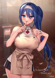 Rule 34 | 1girl, absurdres, alyssa (specktech), apron, bare shoulders, blouse, blue eyes, blue hair, breasts, cleavage, commission, cowboy shot, english text, hairband, halter shirt, halterneck, hand up, highres, index finger raised, large breasts, long hair, miniskirt, moe (hamhamham), original, parted lips, phantasy star, phantasy star online 2, shirt, skeb commission, skirt, sleeveless, sleeveless shirt, solo, thank you