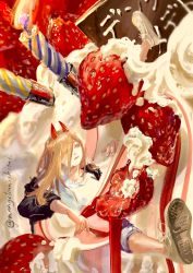 Rule 34 | 1girl, black jacket, blonde hair, brown footwear, cake, candle, chainsaw man, cross-shaped pupils, fire, fire, food, fruit, hair between eyes, highres, horns, in food, jacket, long hair, nangokuniikitai, open clothes, open jacket, power (chainsaw man), red horns, red pupils, shoes, sleeves rolled up, sneakers, solo, strawberry, symbol-shaped pupils, twitter username, whipped cream, white footwear, yellow eyes