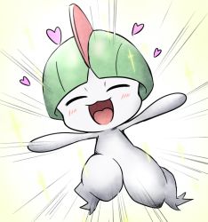Rule 34 | :3, arms up, blush, colored skin, creatures (company), emphasis lines, closed eyes, game freak, gen 3 pokemon, green hair, happy, heart, jumping, kashiwa (3920kashiwa), nintendo, no humans, open mouth, outstretched arms, pokemon, pokemon (creature), ralts, short hair, simple background, smile, solo, sparkle, spread arms, white skin, yellow background