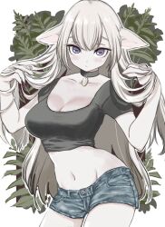 Rule 34 | 1girl, animal ears, blue shorts, blush, breasts, cleavage, closed mouth, collar, collarbone, commentary request, cowboy shot, crop top, denim, denim shorts, grey hair, grey shirt, groin, hands in hair, hands up, highres, horizontal pupils, large breasts, large hands, long hair, midriff, navel, original, plant, purple eyes, sheep ears, sheep girl, shirt, short shorts, short sleeves, shorts, solo, srtk3, tight clothes, tight shirt, very long hair, w arms