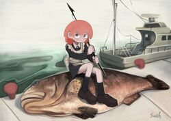 Rule 34 | 1girl, absurdres, animal, apron, black dress, black socks, boat, collared dress, commentary request, dead animal, dress, fish, full body, grey eyes, harpoon, highres, holding, holding weapon, kneehighs, lalah 7th, loafers, long hair, long sleeves, looking at viewer, maid apron, no mouth, ocean, orange hair, original, over shoulder, oversized animal, pier, sanpaku, shoes, shore, short dress, signature, sitting on animal, socks, solo, surreal, two-handed, watercraft, weapon, weapon over shoulder, white background