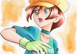 Rule 34 | 1girl, brown hair, choker, collarbone, commentary request, creatures (company), game freak, georgia (pokemon), gloves, green choker, green eyes, green gloves, hand up, hat, highres, holding, holding poke ball, looking to the side, nintendo, oka mochi, open mouth, poke ball, pokemon, pokemon (anime), pokemon bw (anime), short hair, short sleeves, solo, teeth, tongue, traditional media, upper body, upper teeth only, yellow background, yellow hat